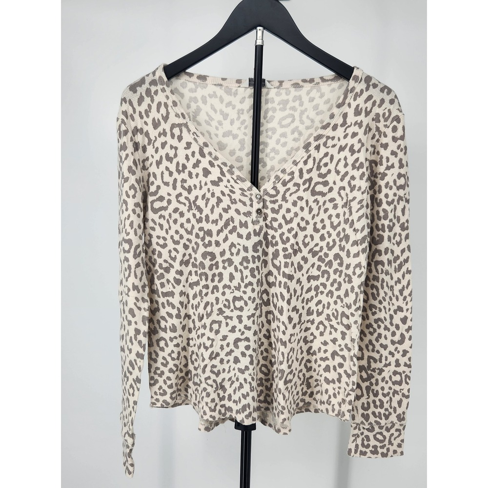 Lucky Brand Womens Leopard Print Thermal Waffle Knit Henley Top Gray White L